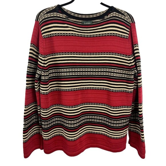 Lauren Ralph Lauren Cotton Striped Knit Red and Black Sweater Womens Size XL - Picture 1 of 8